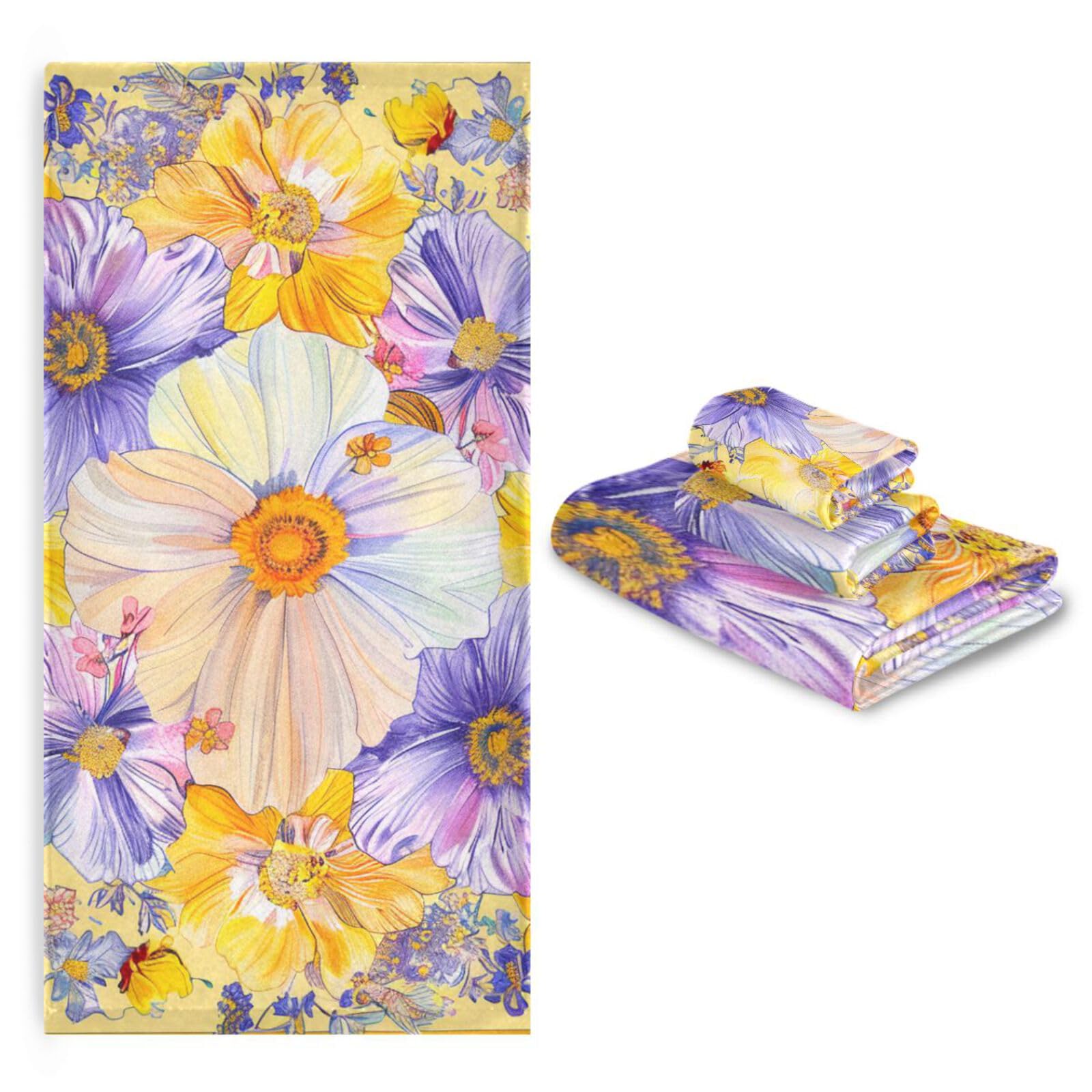 Set di 3 asciugamani morbidi per il viso in stile bohémien, con fiori e fiori gialli luminosi, 1 asciugamano da bagno, 1 asciugamano da bagno, 1 asciugamano, 1 asciugamano, per casa, cucina e famiglia