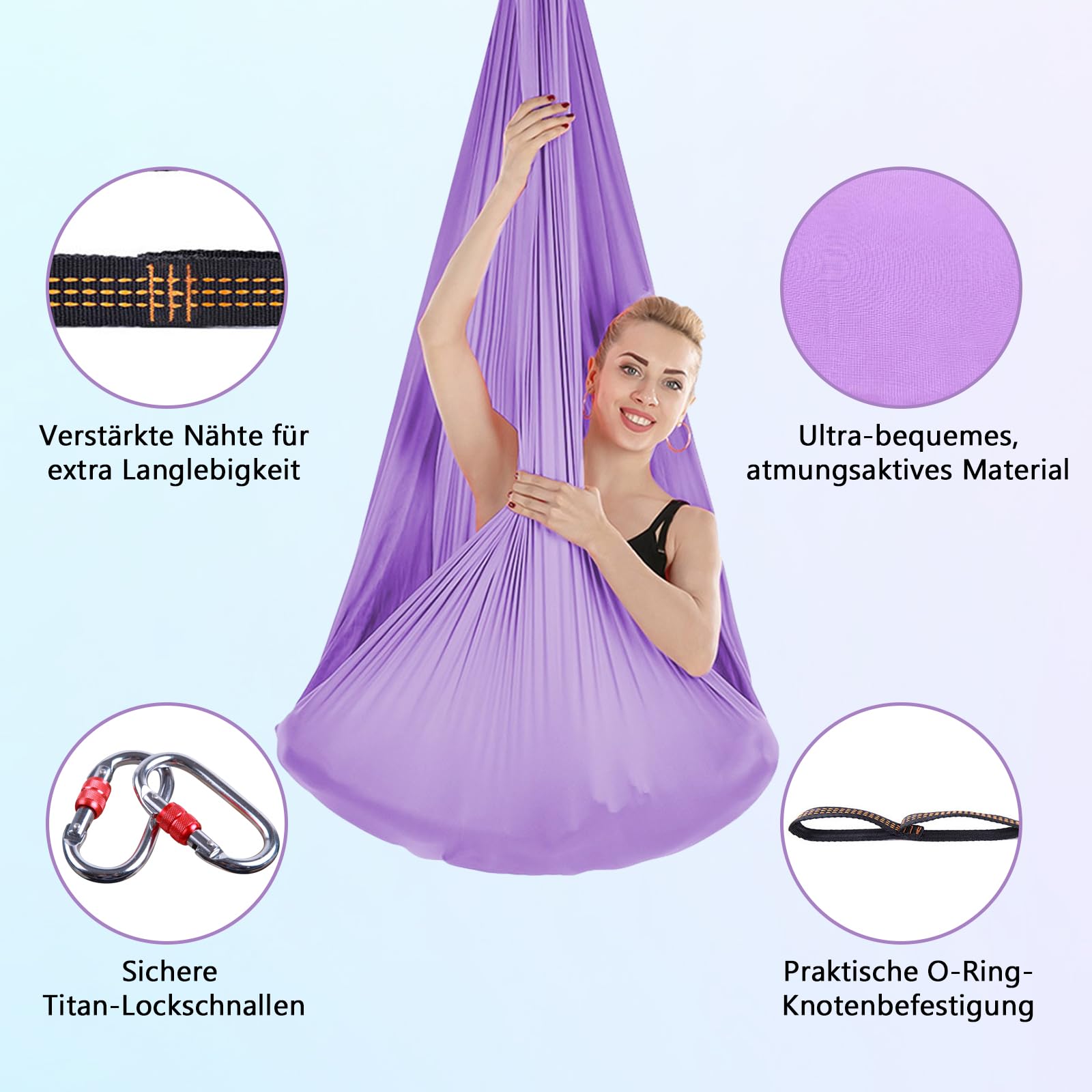 Aerial Yoga Hängematte Set, 5m x 2,8m Aerial Yogatuch Anti-Gravity YogaSwing, Aerial Yoga Hammock Swing 200 kg Tragfähigkeit, Nylon Tuch Nestschaukel mit Beschläge(Lila)