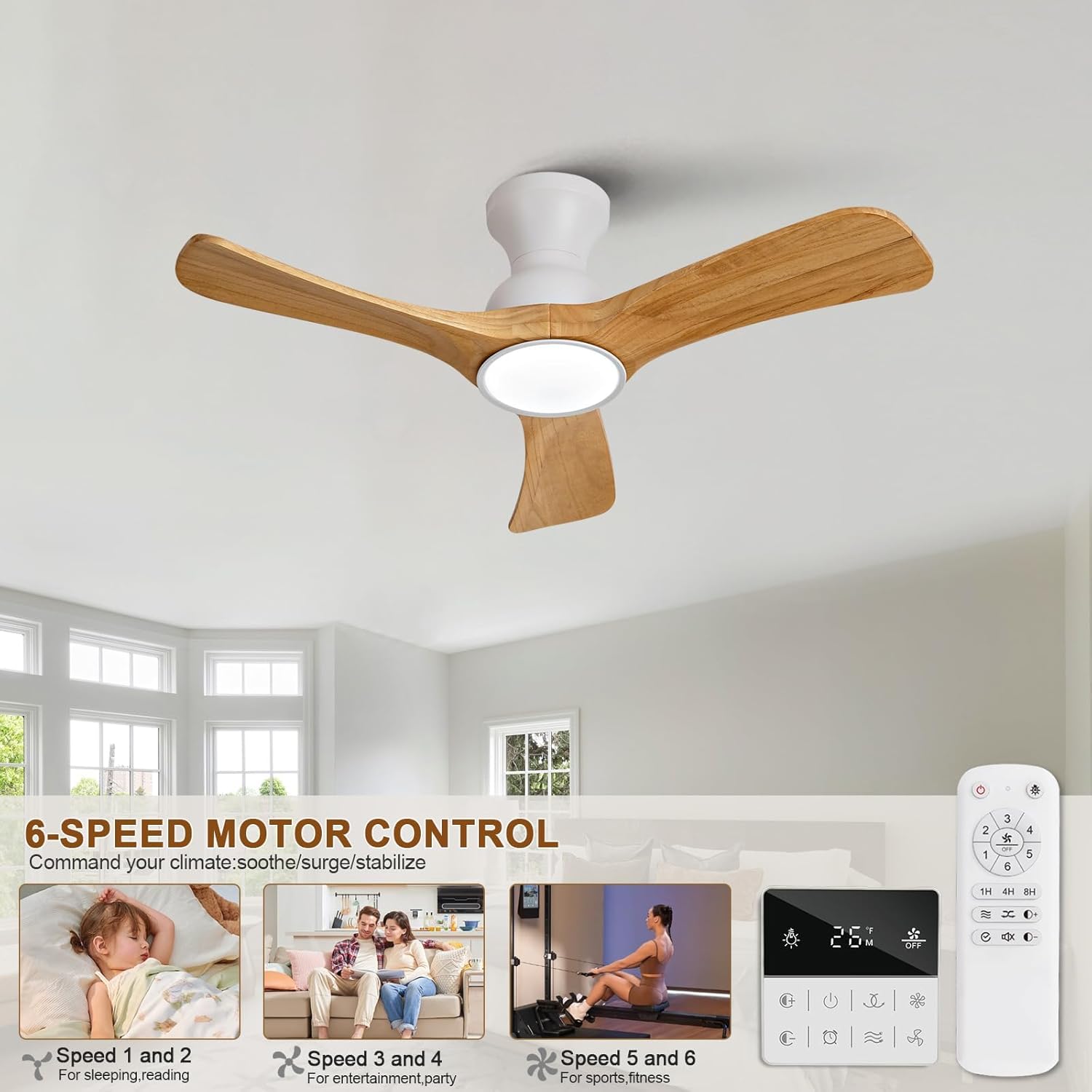 Flush Mount Ceiling Fans with Lights,36 inch,Remote Control,Wall Switch,Solid Wood Blades,Dimmable,Reversible Noiseless,Power Off Memory Modern Ceiling Fan for Bedroom Patio Indoor