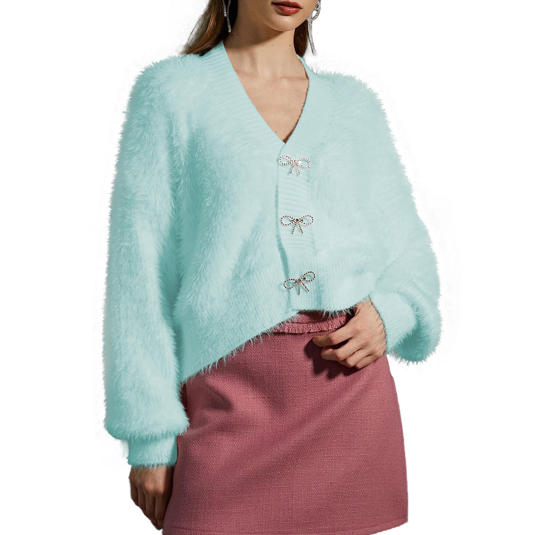 Duyang Women Fuzzy Crop Knit Cardigan Soft V Neck Long Sleeve Bowknot Brooch Buttons Top Lightweight Casual Holiday