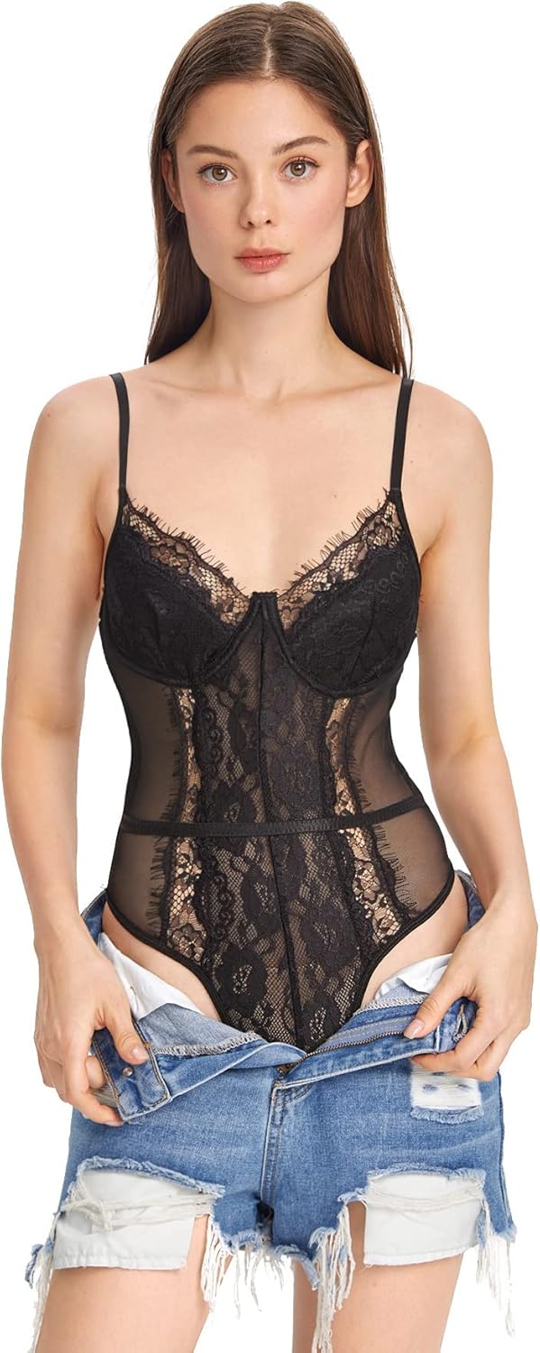 SHENHE Women's Floral Lace Spaghetti Strap Sheer Mesh Sleeveless Cami Bodysuit Tops - Image 7