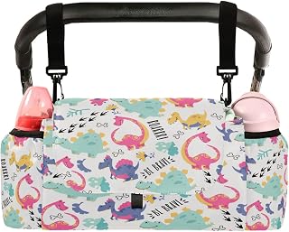 CUPADA Dinosaur Footprint Universal Stroller Organizer, Cartoon Dino Roarrr Stroller Organizer Bag with Cup Holders Removable Shoulder Strap Fits Most Baby and Pet Strollers