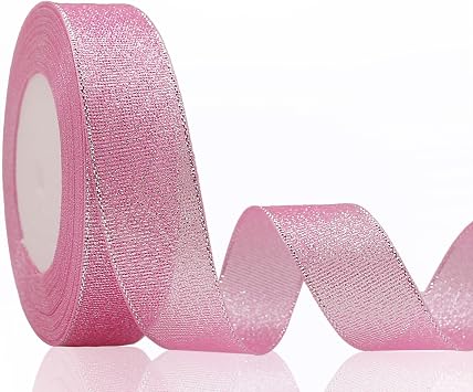 1 Inch Pink and Silver Glitter Ribbon, 25Yards Colorful Sparkly Metallic Fabric Ribbon for Gift Wrapping, Balloons, Crafts, Sewing, DIY Decor, Holiday, Wedding and Birthday Party Decoration.