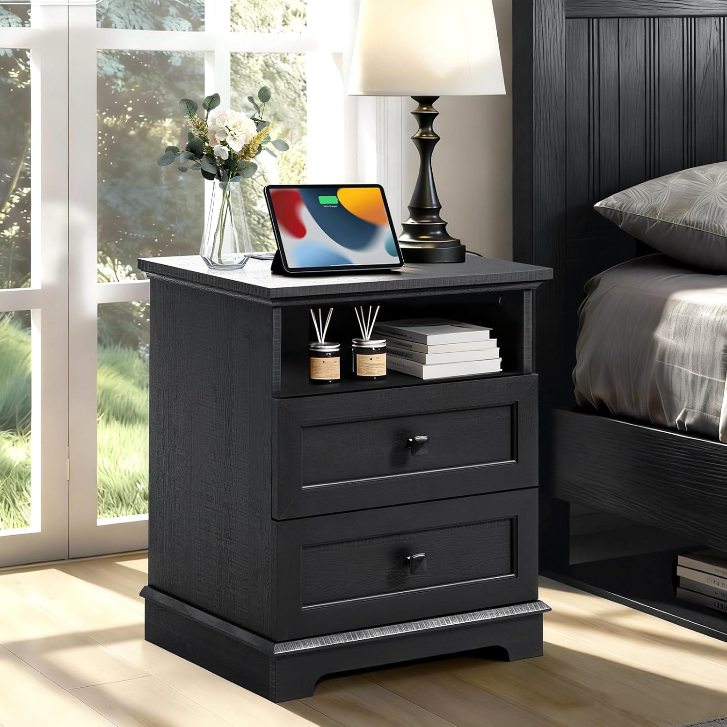 20-Inch Wide Modern Nightstand with Charging Station & Outlets, Bedside Table with 2 Drawers and Open Shelf, Sleek Design End Table for Bedroom and Office, Black (Single Piece)