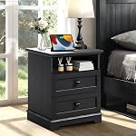 50CM Wide Modern Nightstand with Charging Station, End Table with 3 Large Drawers, Simple Design Bedside Table for Bedroom,Black(Single Piece)