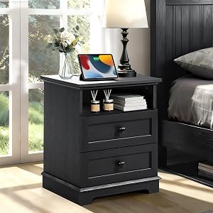 50CM Wide Modern Nightstand with Charging Station & Outlets, Bedside Table with 2 Drawers and Open Shelf, Sleek Design End Table for Bedroom and Office, Black (Single Piece)