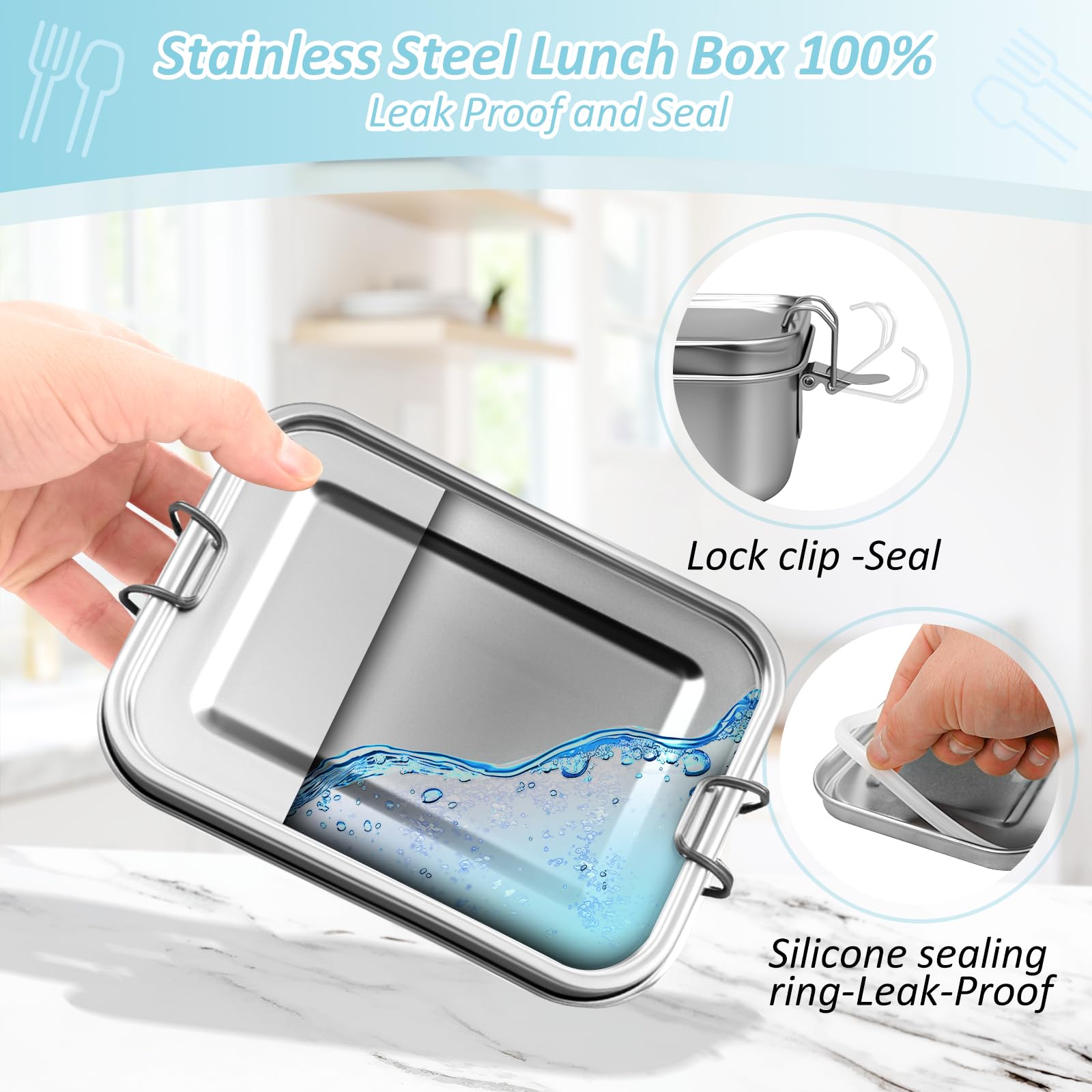Jauhmui Bento - Contenitore per il pranzo per adulti/bambini, in acciaio inox, con 2 scomparti/3 scomparti, in metallo con coperchio in legno, senza