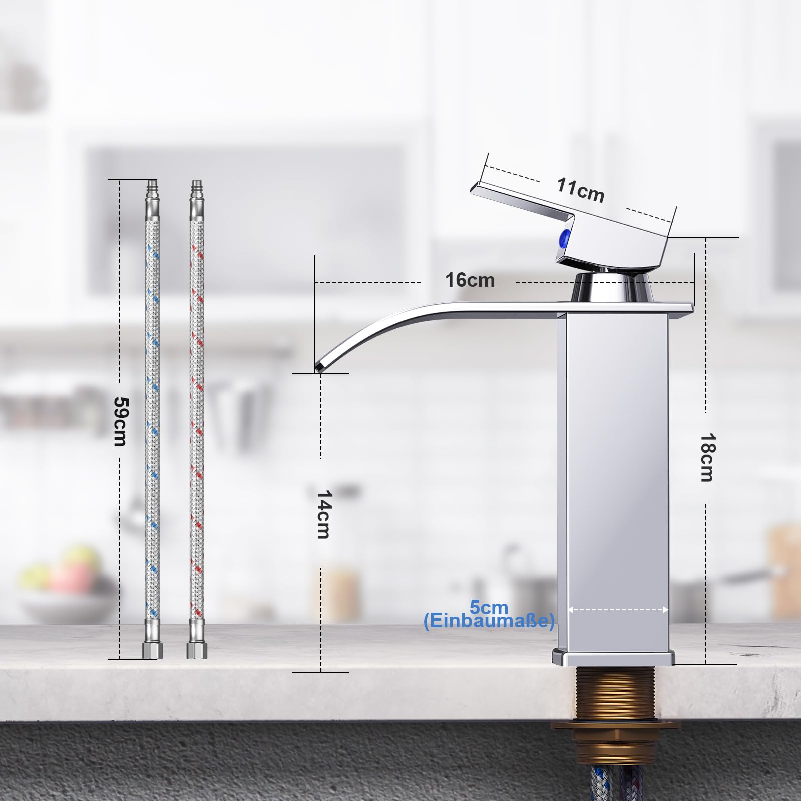 Rubinetto Bagno Lavabo a Cascata,Miscelatore Lavabo Bagno,Miscelatore per bagno in ottone e acciaio inox, cromato (incl. tubo da 60 cm)