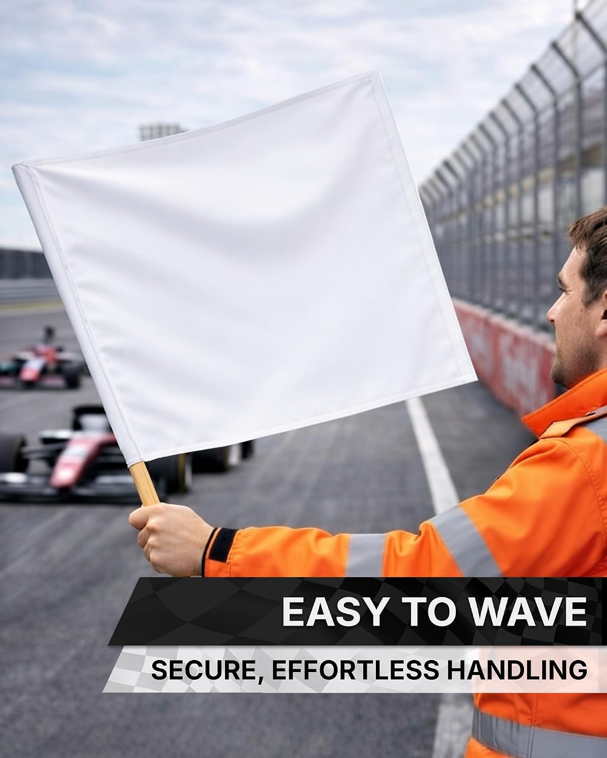 AGAS White Racing Flag – One Lap to Go Signal Flag – 30 x 30 Inch – Professional Motorsport & Track Use – Heavy Duty 200D Nylon Fabric – Single-Sided Print – Stitched Edges – Mounted on 36 Inch Natural Wood Pole