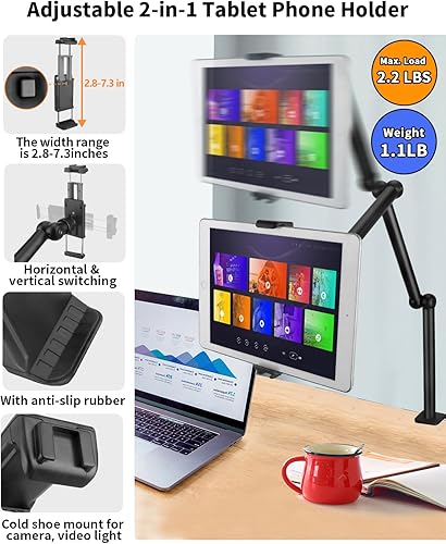 Miniatura 2 de HEMMOTOP Magic Arm Soporte de escritorio/abrazadera, brazo de cámara ajustable de 28 pulgadas para iPad, soporte de iPhone superior, para micrófono