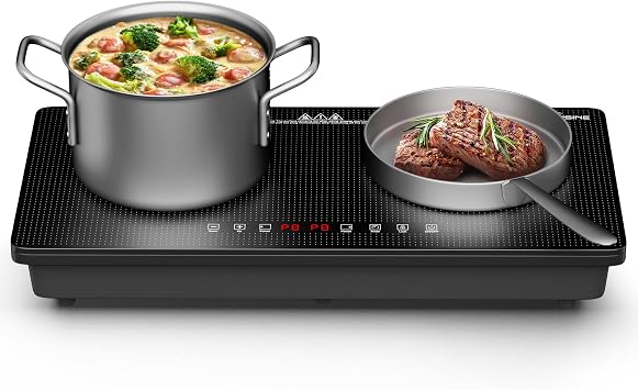 1800W Double Induction Cooktop with Dual 900W Burners, Minimalist Design, Touch Control, 8 Power Levels, Timer & Safety Lock for Kitchen RV Countertop Use