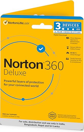 Norton 360 Deluxe |3 Users 3 Years|Total Security for PC, Mac, Android or iOS|Additionally Includes Password Manager,PC Cloud Back Up, SafeCam for…