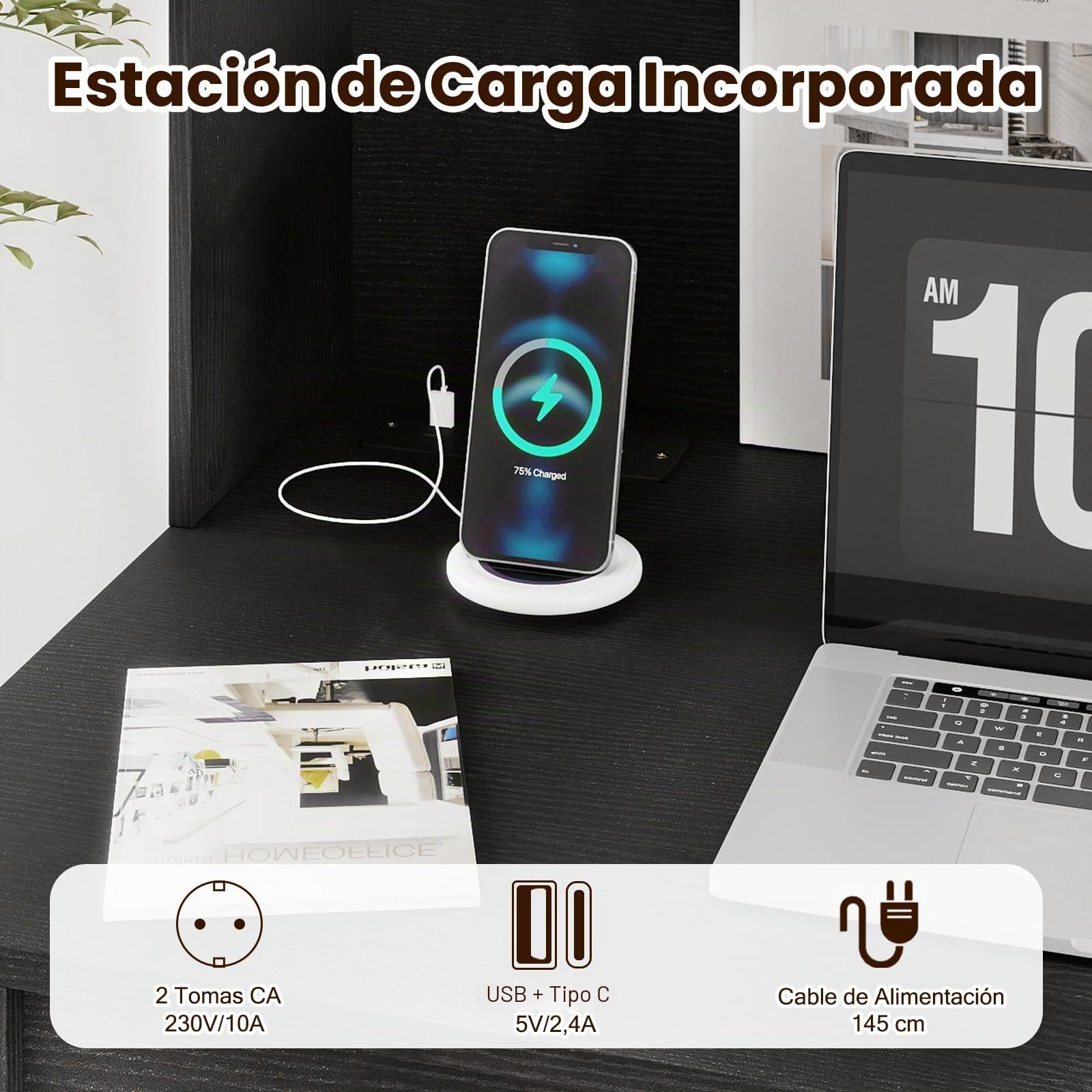COSTWAY Escritorio con Estantería 108 x 60 x 125 cm, Mesa Escritorio con Enchufes y Agujero para Cables, Tocador Dormitorio Oficina Despacho (Negro)