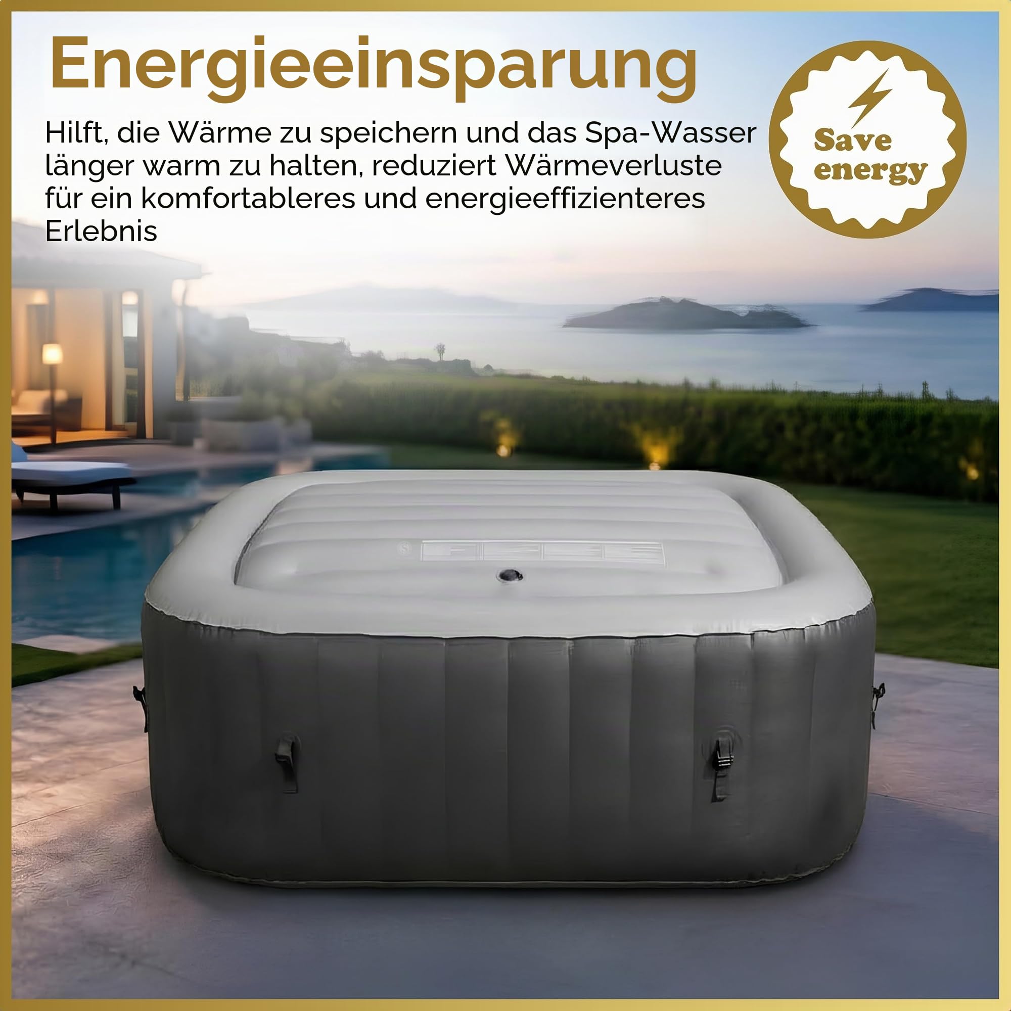 Energiesparende Spa-Abdeckung, aufblasbarer Deckel, schützender Regen-Überlauf, Wärmeisolator, Technologie, quadratische Blase, passend für alle quadratischen Whirlpools von 6 Personen bis 145 cm,