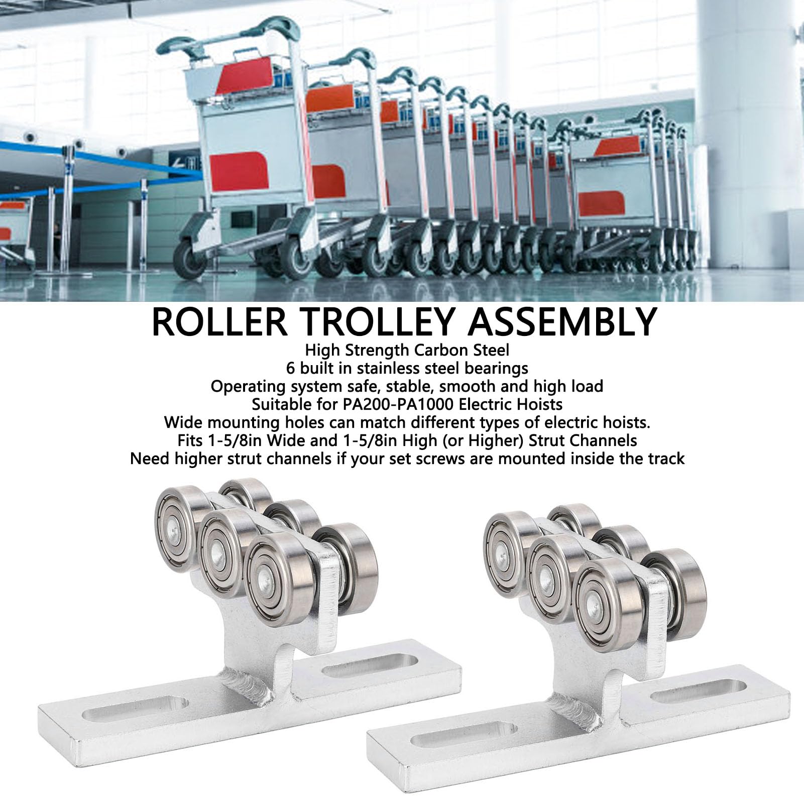 Carrello per paranco a 6 ruote da 2 pezzi, gruppo carrello con cuscinetti a basso rumore per PA200‑PA1000, rullo per carrello per paranco elettrico per canale da 1‑5/8