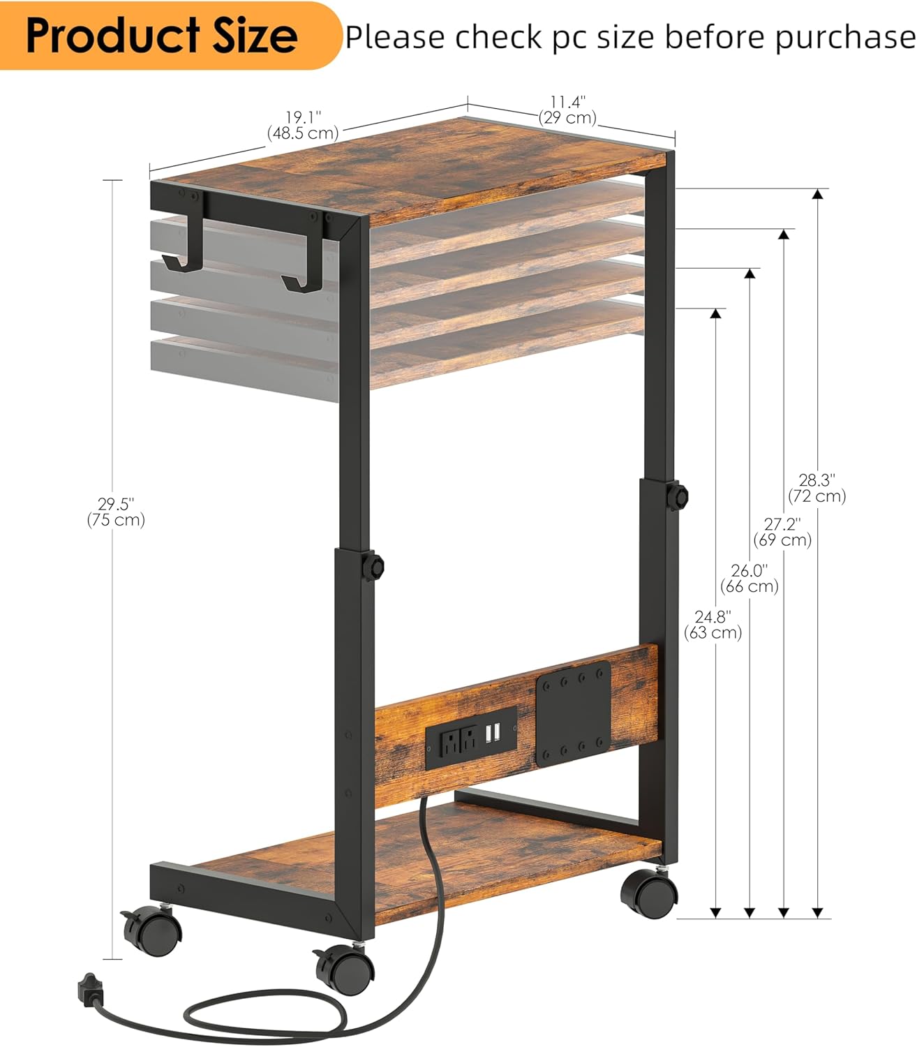 Height Adjustable Computer Tower Stand with Charging Station, 2 Tier Mobile Floor PC Stand, CPU Holder Cart for Carpet, Rolling Printer Stand with Hooks, Rustic Brown