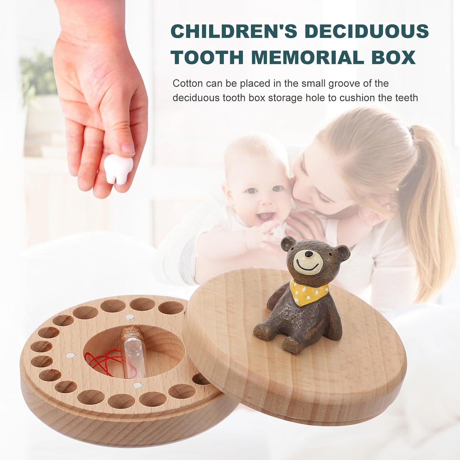 Beech Wood Teeth and Lanugo Keepsake Box with Lanugo Bottle and Light String Memorial Tooth Collection Case for Newborns and Boy Girl for Boys