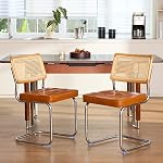 Grandnoor Green Rattan Dining Chairs Set of 2,Wooden Mid Century Modern Velvet Kitchen Chairs, Mesh Back Cane Dining Room Chairs, Cesca Design Chair with Metal Chrome Legs