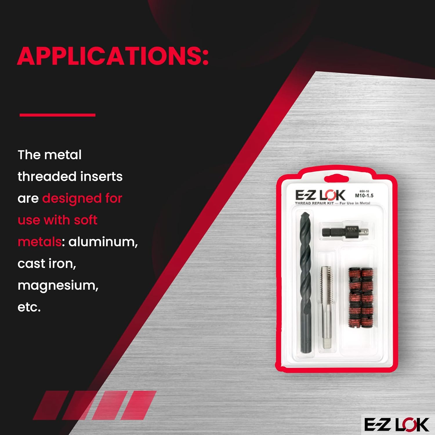 E-Z LOK EZ-650-10 Threaded Inserts for Metal; M10-1.5 Installation Kit, Steel, Black Oxide