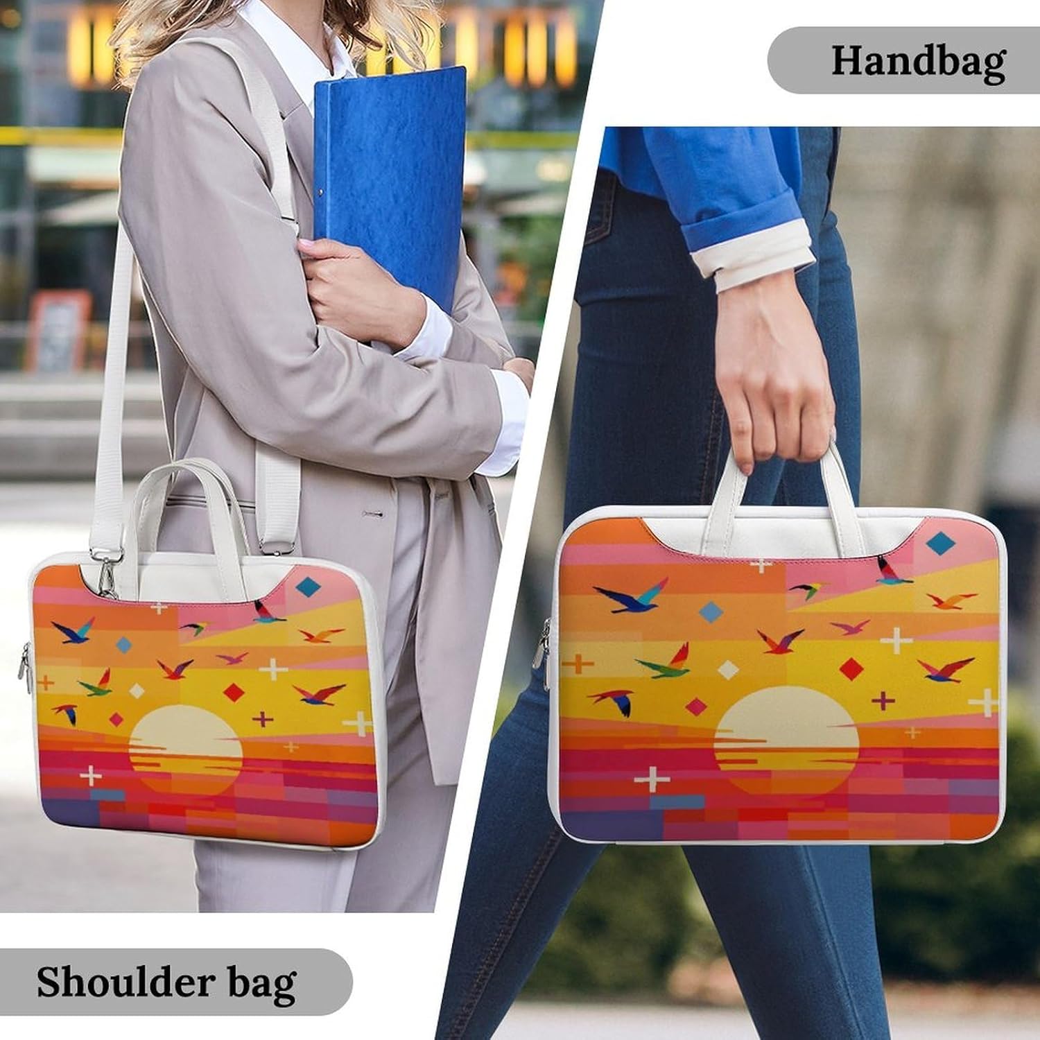 Here Comes The Sun Colorblock Sunset 37x28cm White-style Laptop Bag Leather Tablet Computer Briefcase Large Capacity Work Business Tote Bags for Office