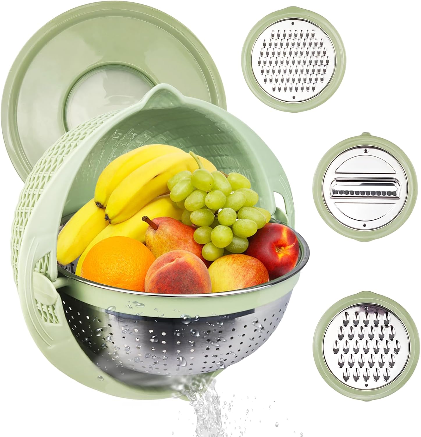 POUYRBA 41 Colander with Mixing Bowl Set, Green Stainless