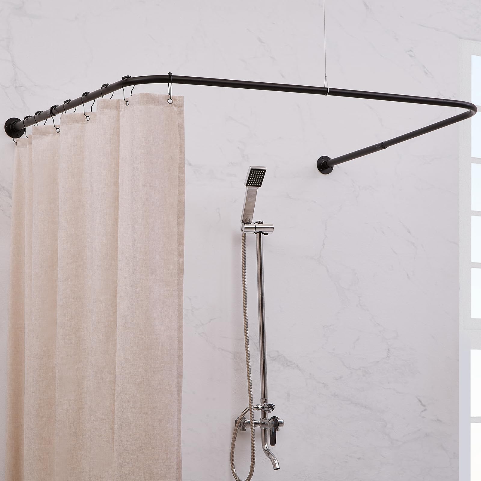 Barra de Ducha en Forma de U para Esquina, Ajustable [Lados: 60-132 cm, Centro: 79-119 cm] - Barra de Ducha de Tubo Grueso con 12 Ganchos y Soporte de Techo para Baño e Exteriores, Negro Mate