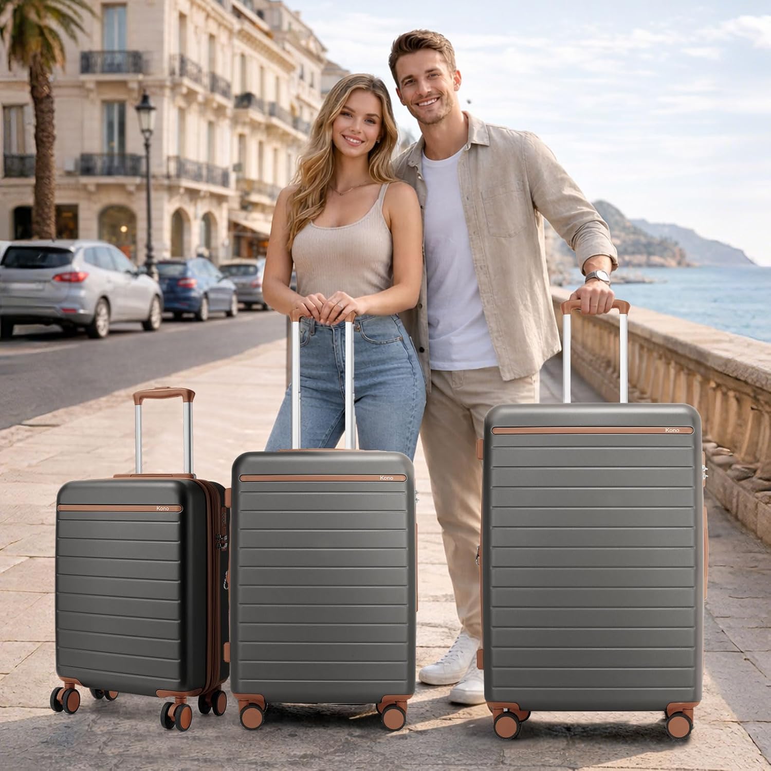 Kono 28 Inch Large Suitcase, Expandable for Long Trips, Impact-Resistant ABS+PC & Silent Wheels, Black, Lightweight Hardshell Luggage, Smooth Rolling Spinner Suitcase for Travel，Grey/Brown