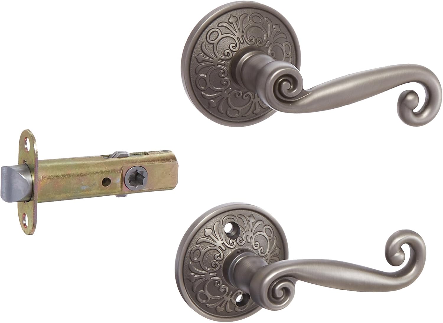 Lancaster Door Set with Scroll Design Levers Right Hand Passage in Antique Pewter. Reproduction Doorknob.