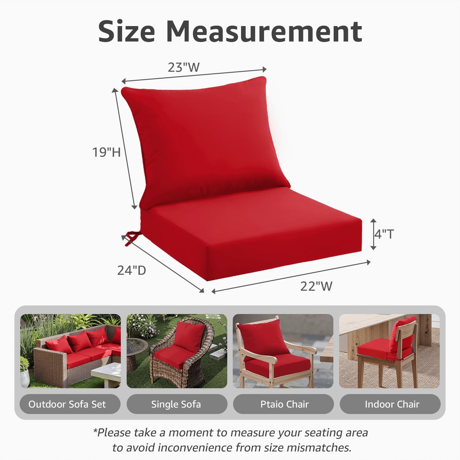 PatioGlow Outdoor Seat Cushion Set 22 x 24 x 4 Inch, Waterproof & Fade Resistant Patio Furniture Cushions with Removable Cover and Ties, Thick Deep Seating Pads for Outside Chair Sofa Couch, Red