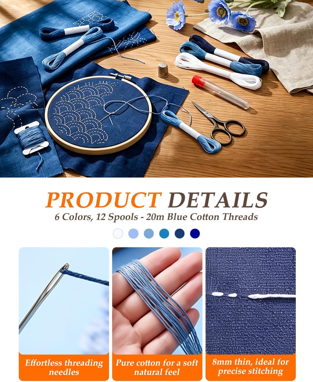 eZAKKA 51 Pack Blue Sashiko Kit with 30 Templates, 9 Sashiko Needles, 12 Blue Thread Skeins, Embroidery Kit for Hand Sewing, Quilting, Visible Mending, Patterns & Needlework