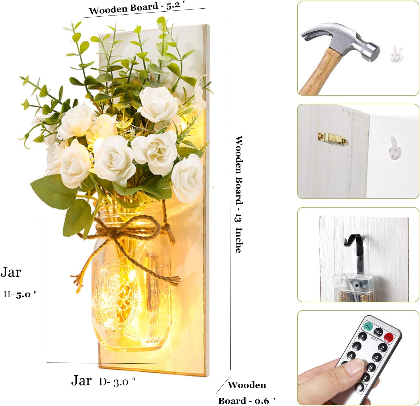 Rustic Wall Sconces Mason Jar Lights Handmade Wall Art Hanging Design with Remote Timer LED Fairy Lights and White Rose, Farmhouse Kitchen Decorations Wall Decor Living Room Sconces (Set of Two)