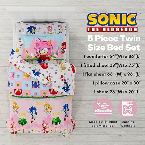 Miniatura 2 de Franco - Juego de edredón y sábanas supersuaves con funda de almohada, anime, para niñas, 5 piezas, tamaño individual, Sonic (producto con licencia