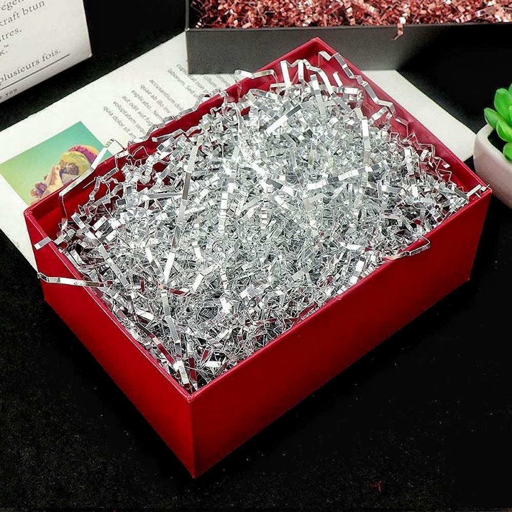 PLINJOY 0,9 kg Knisterschnitt-Papierschnipsel-Füllstoff für Geschenkkorb, geschreddertes Konfetti-Papierbox, Füllung, Osterkorb, Gras (Silber)