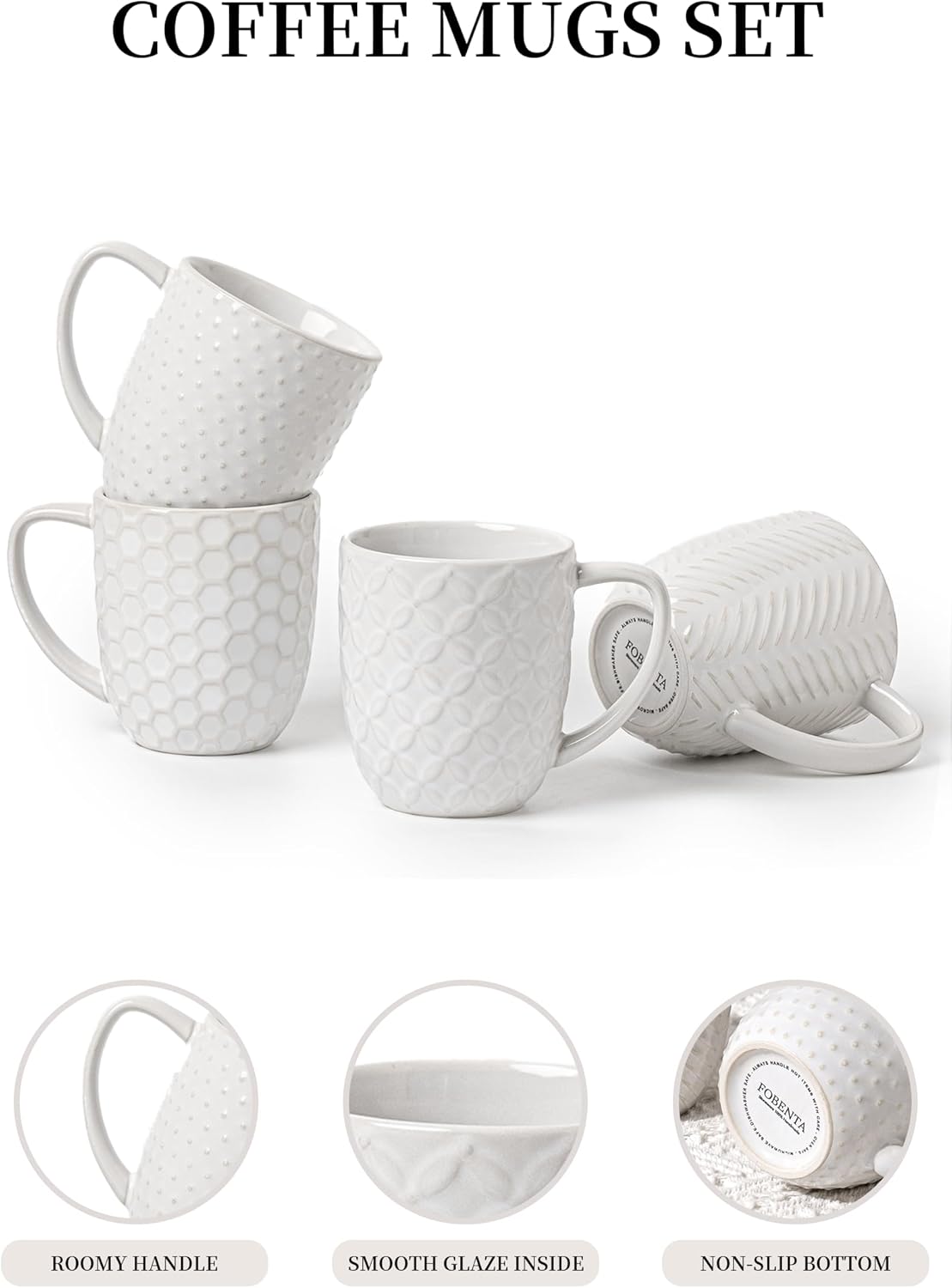 Ceramic Coffee Mugs Set of 4, 12oz Embossed Cups with Elegant Patterns – A Thoughtful Gift for Women, Mom, or Friends,Perfect for Tea, Latte, Cocoa (Arctic White, 12 OZ) - Image 3