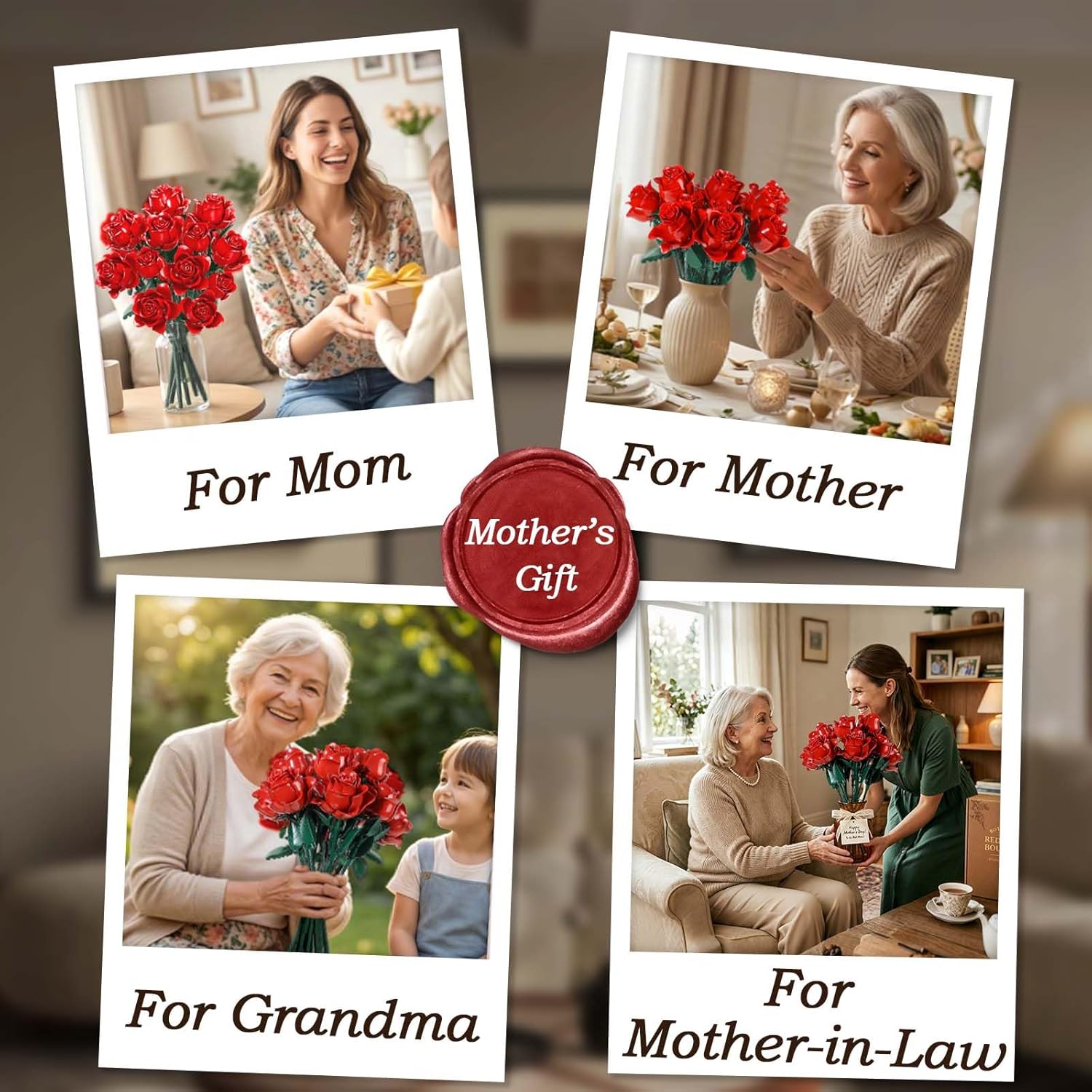 Mother‘s Day Red Rose Building Blocks Bouquet Set Gifts for Mom,12 Pcs Artificial Flower Display Kit, Everlasting Floral Home Decor, Mother‘s Gift for Mom, Grandma, Wife, Women