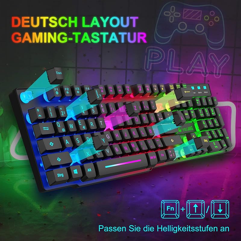 ZIYOU LANG QWERTZ Német Gamer Billentyűzet Egér Szett RGB LED Világítás 2400 DPI PC PS5 PS4 Xbox