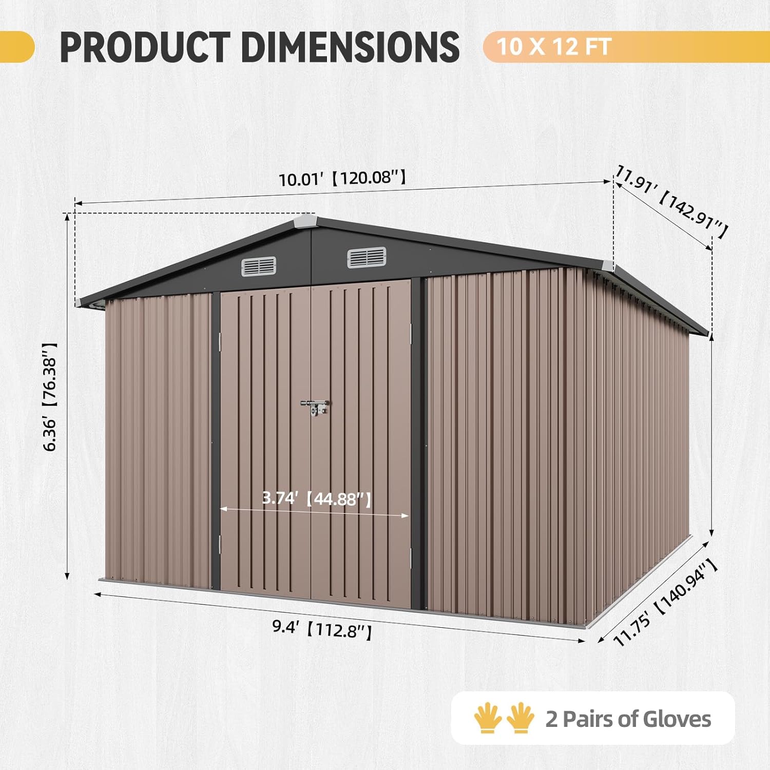 Diagram showing the dimensions of the Aoxun 10x12 Shed.
