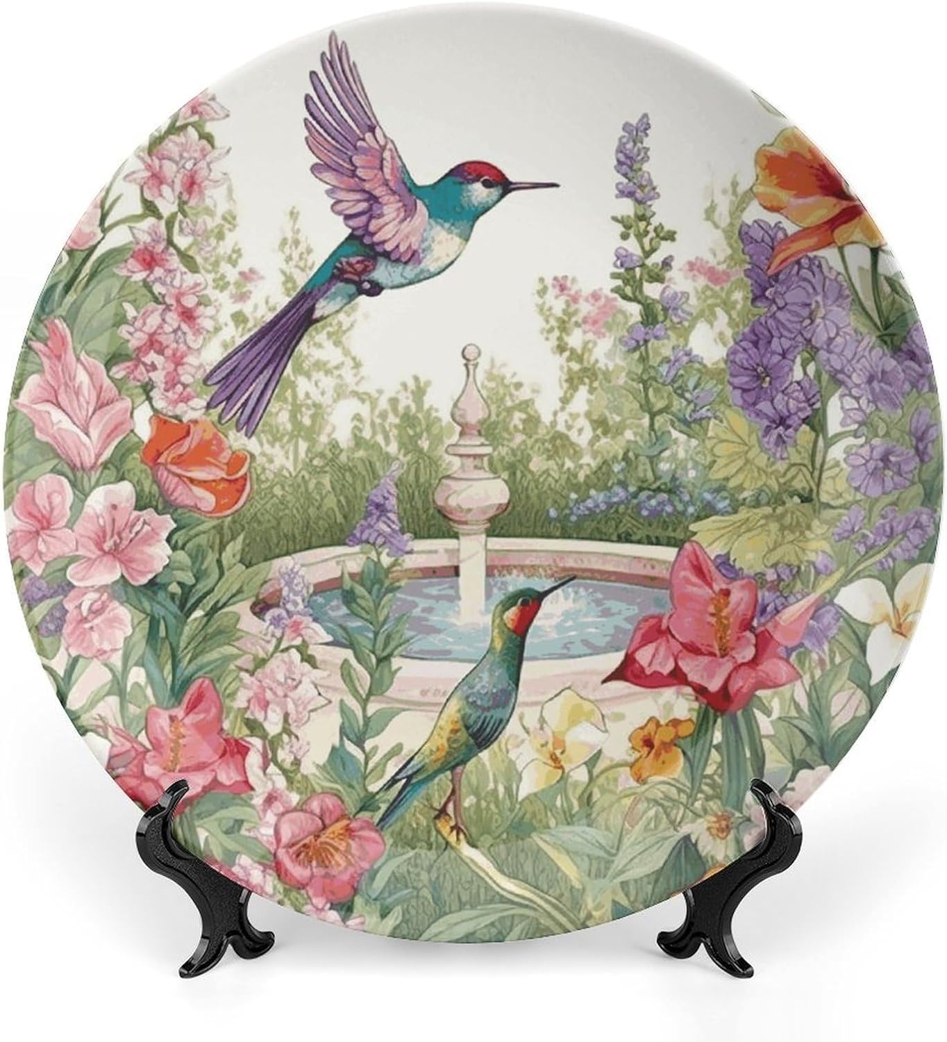 Garden with Birds And Flowers Ceramic Plate 10inch Decorative Bone China Wall Hanging Ornament Plates Bohemian Style Dinner Plate with Display Stand Cabinet Display Plates for Home Art Decor