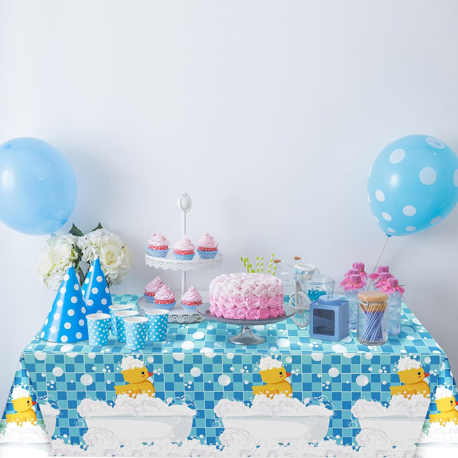 Oudain 3 Pcs Plastic Yellow Duck Tablecloth Disposable Cute Bubble Rubber Yellow Ducky Table Cover for Birthday Party Decorations Supplies, 51 x 86.6 Inch