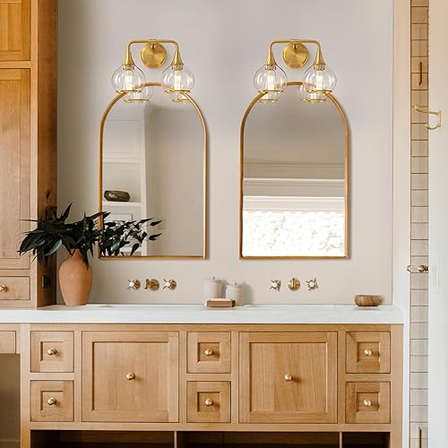 Miniatura 4 de Accesorios de iluminación de baño dorados de 2 luces con apliques de pared con pantalla de vidrio transparente para baño de 14 pulgadas (excluye