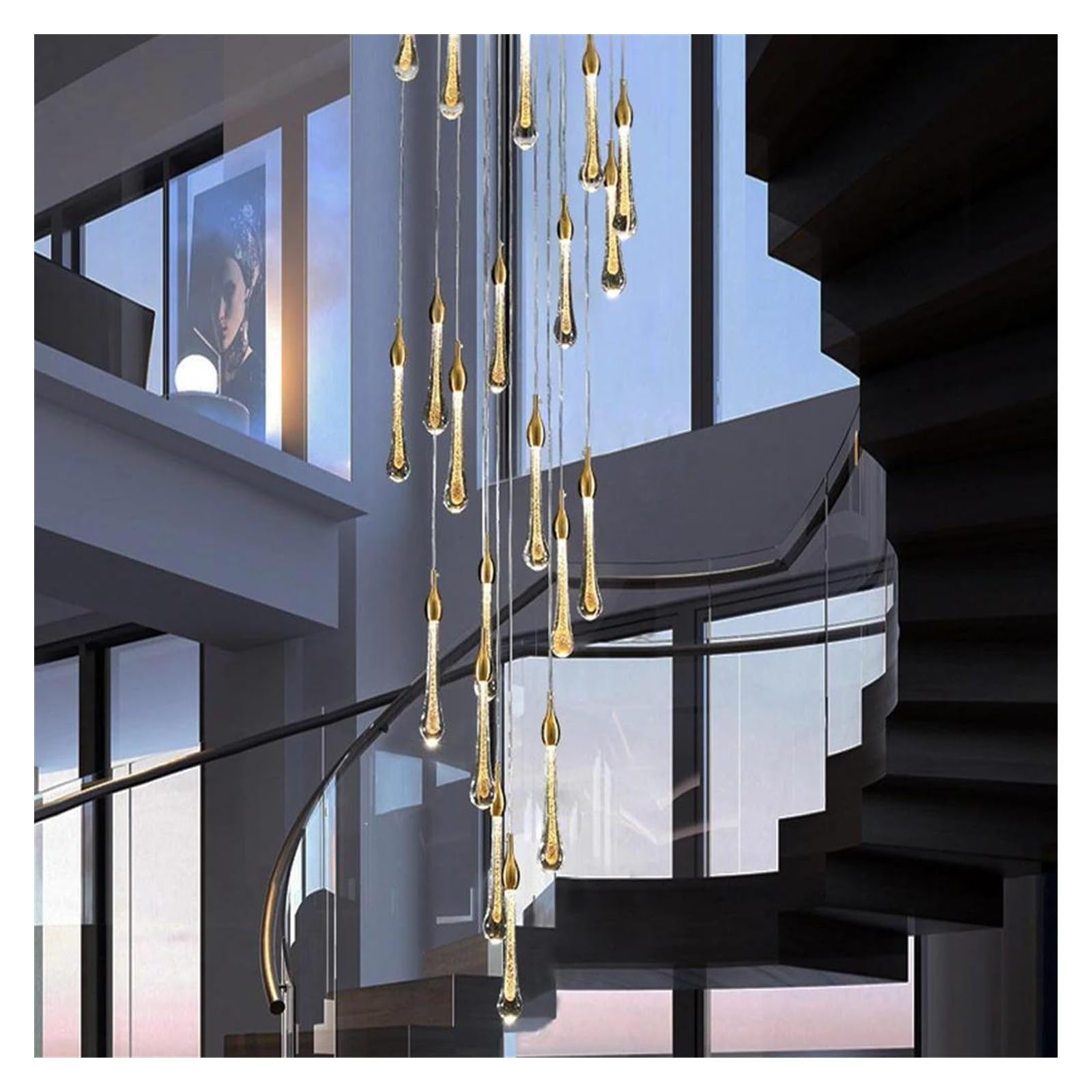 HYJAUSXB LED Art Deco Copper Glass Water Drop Designer Chandelier Lighting Lustre Suspension Luminaire Lampen for Living Room Staircase(20 Light)