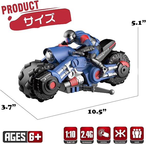 RC Motorcycle RC 2.4GHz Wireless Stunt Bike Easy Operation Motorcycle RC Car LED Light 1/10 Toy Children Boys Girls Kids Gift Christmas Present Blue