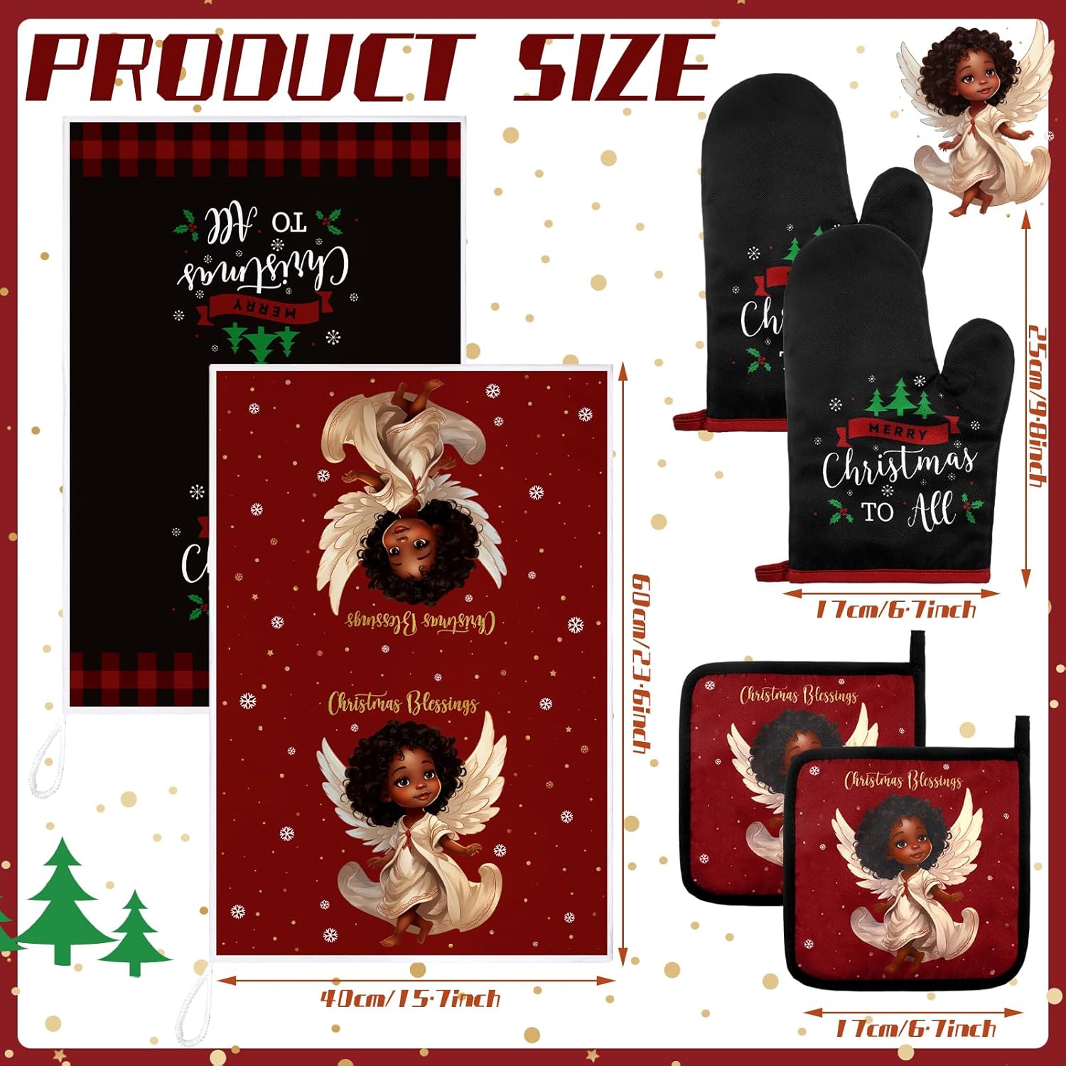 Bencailor 8 Pcs Christmas Black Santa Kitchen Towel Pot Holders and Oven Mitts Set African American Kitchen Decor Dish Towels Farmhouse Oven Mitts Potholders for Xmas Cooking Baking Grilling Supply