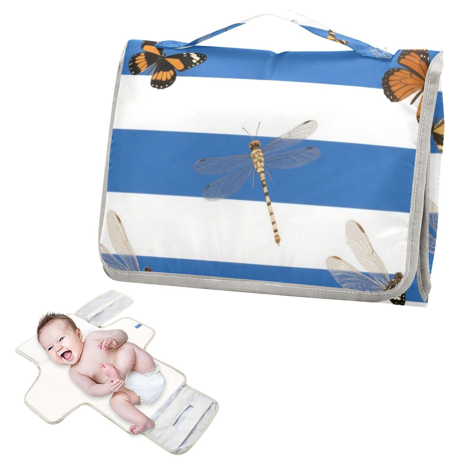 Blue White Striped Butterfly Dragonfly Reusable Diaper Changing Pads with Tissue Pocket Portable Diaper Changing pad Lightweight & Foldable Changing Station cambiadores de pa?ales para Bebes