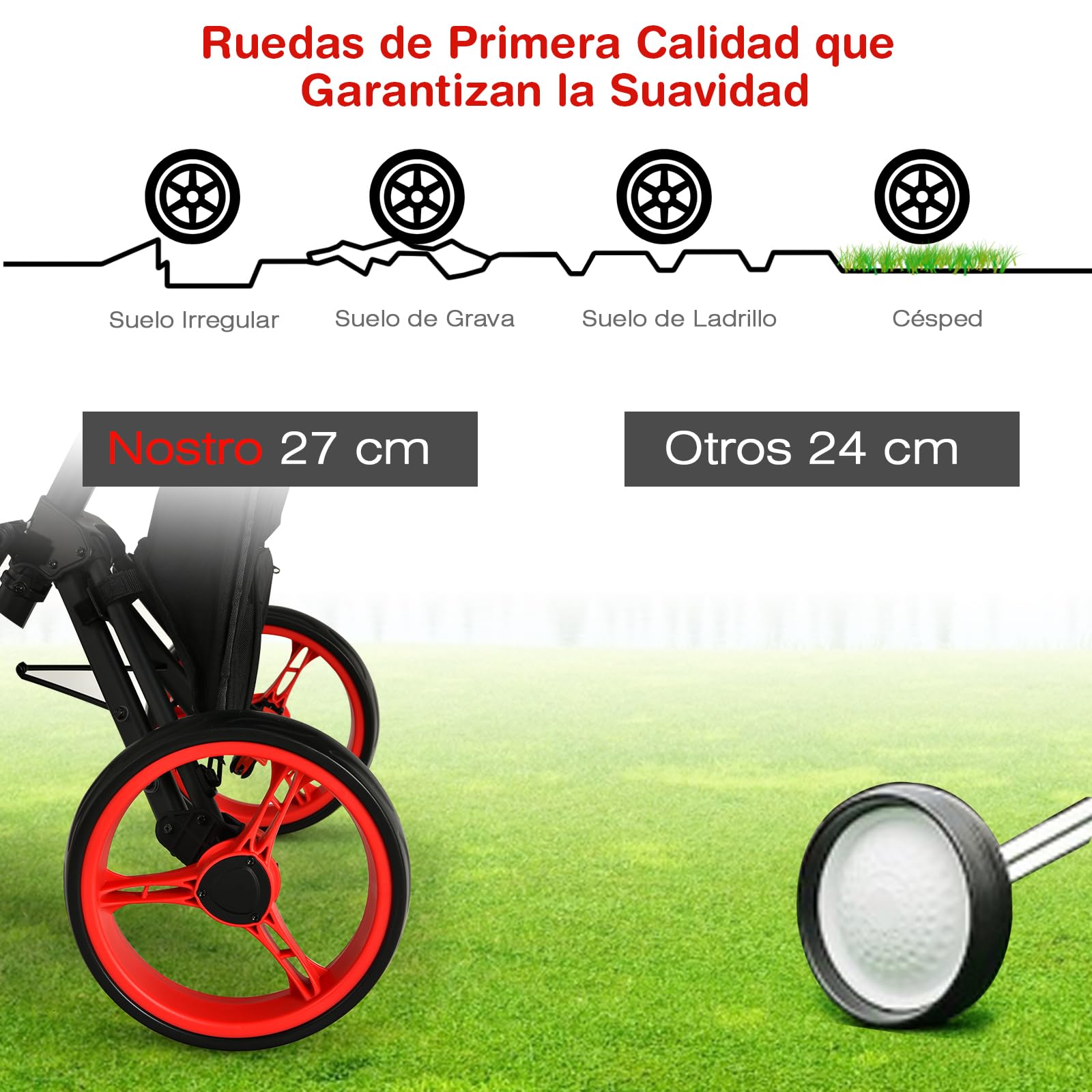 GYMAX Carrito de Golf Plegable de 4 Ruedas, Posiciones de Altura Ajustables, Ligero, con Soporte para Paraguas Ajustable, Bolsa Impermeable, Refrigerador Incorporado, Freno de Pie