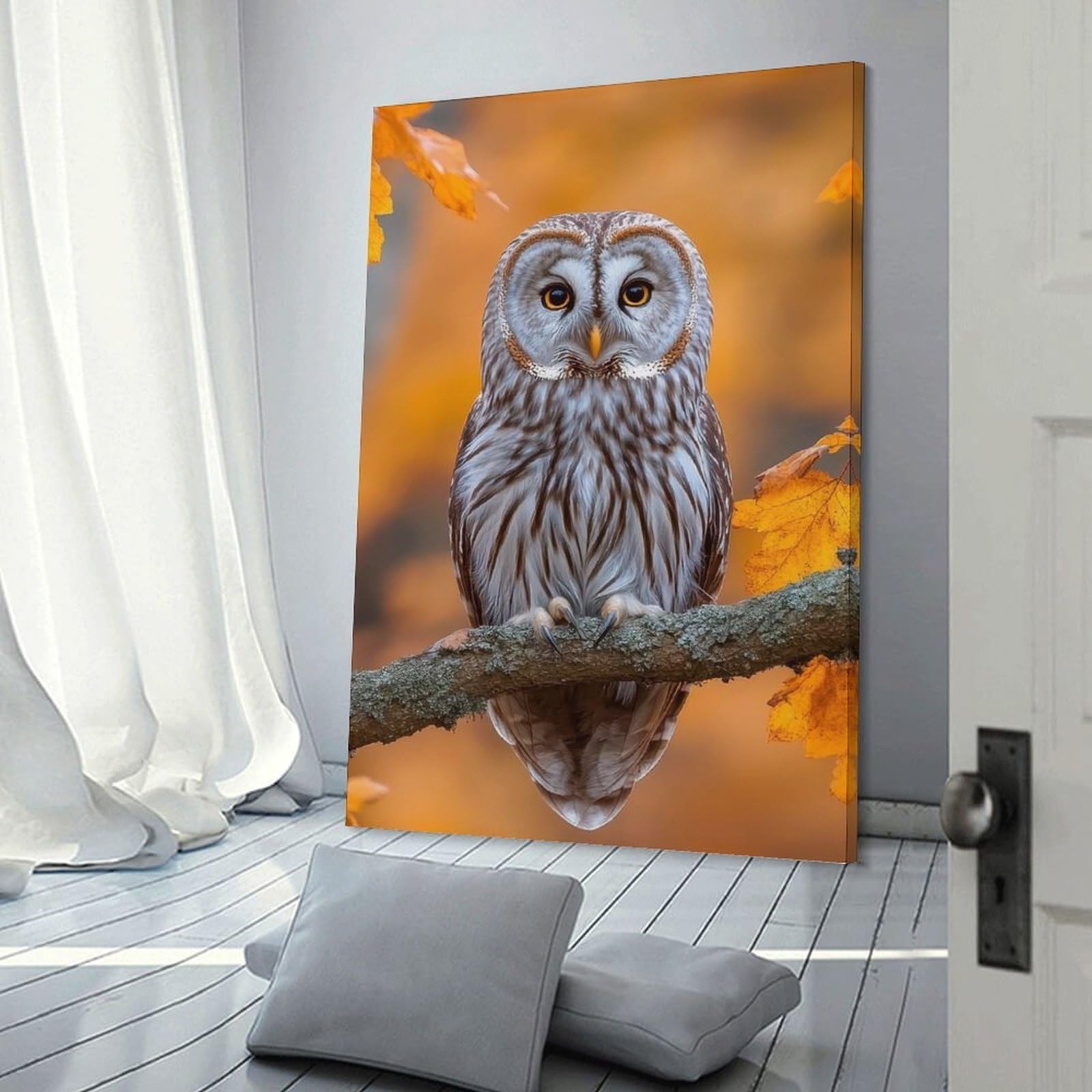 Junmoney Frame-Style-6 Hanging Wall Art Owl Perched On Branch In Autumn, 24X36inch(60X90cm), For Gallery Wall Layouts In Home Or Office, An Easy Match For Collected Prints