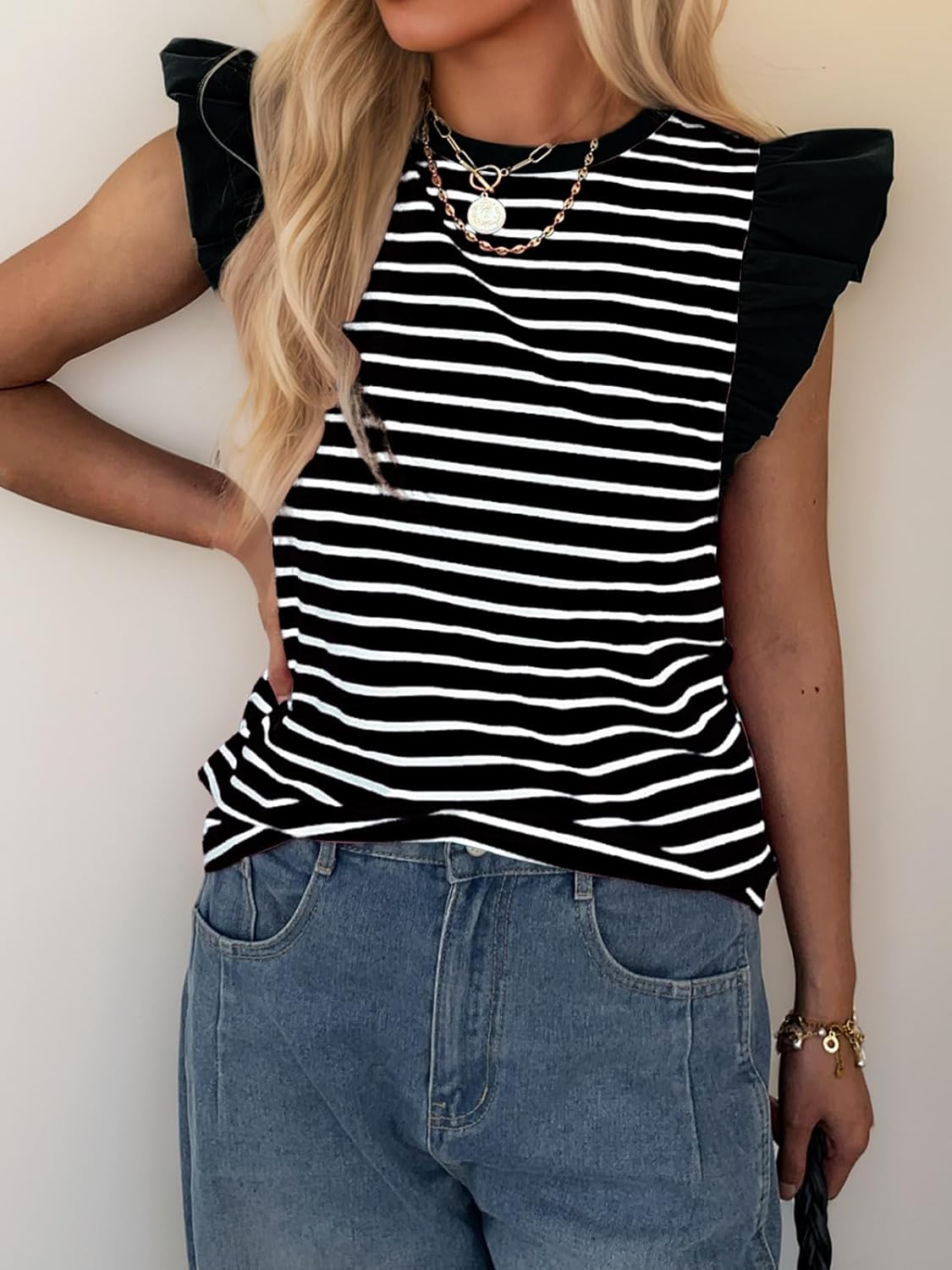 Women's Ruffle Cap Short Sleeve Striped T Shirts Summer Casual Loose Fit Top Basic Tee Tunic Tops - Image 2