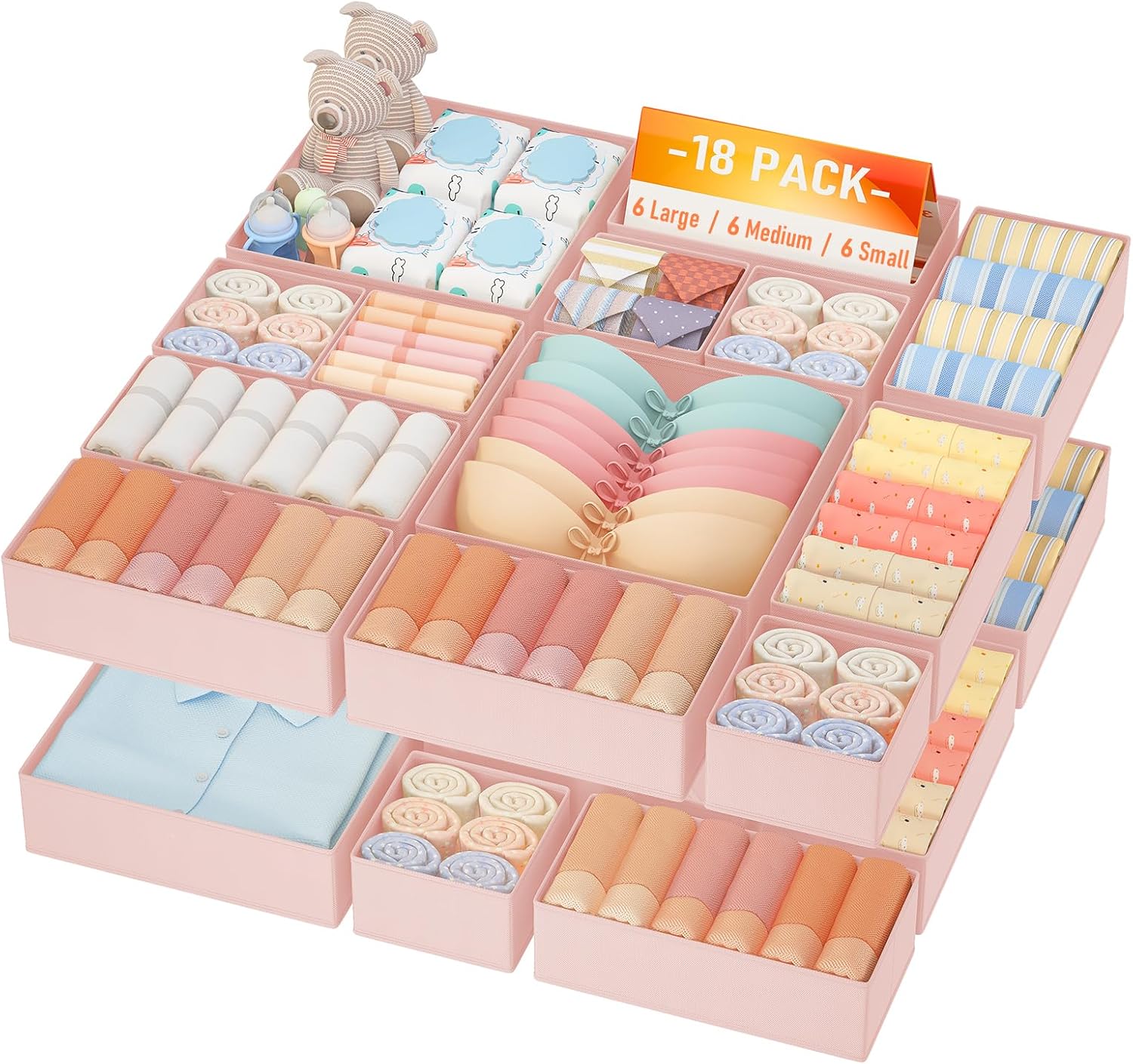 DIMJ Drawer Organizer Clothes Storage - 18 Pack Baby Dresser Organizer for Nursery, Foldable Closet Drawer Organizer Bins for Bedroom Organization, Fabric Storage Dividers for Socks, Underwears, Bras