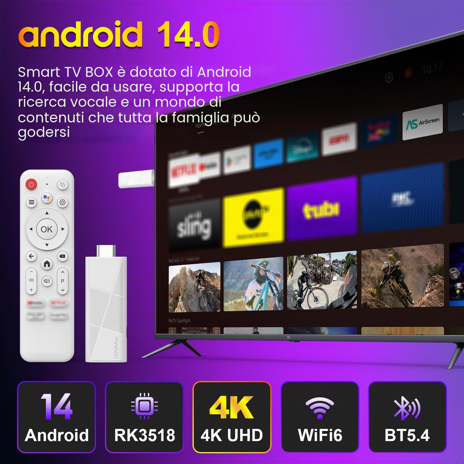 X88 H96 MAX Android 14.0 TV Stick ATV RK 3518 Quad-Core 16 GB WiFi6 2,4G/5,8Ghz BT5.0 4K AV1 Ultra HD Controllo Vocale Smart Home Player