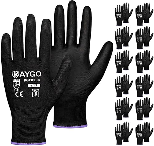 KAYGO KG11PB - Guantes de trabajo de seguridad con revestimiento de poliuretano, 12 pares de guantes de punto sin costuras para hombres y mujeres,